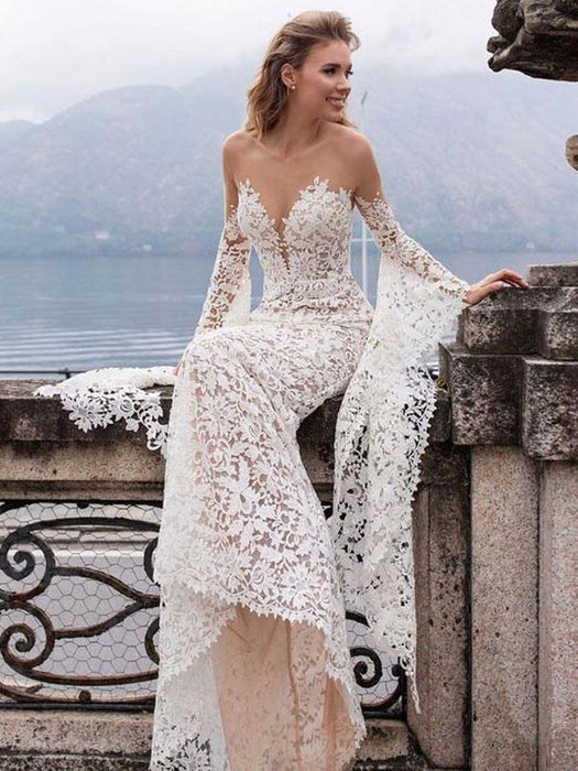 Lace Wedding Dress Mermaid Wedding Dress V Neck Long Sleeve Sexy Bridal Dresses