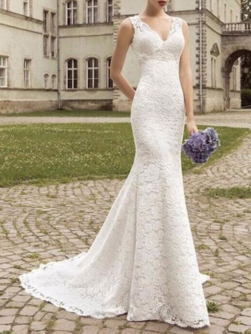 Lace Wedding Dress Mermaid V Neck Sleeveless Floor Length With Train Beach Bridal Gowns