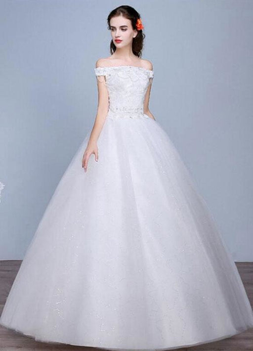 Lace Wedding Dress Off The Shoulder Floor Length Lace Up Applique Bridal Dress With Beads Sequins