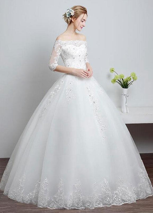 Lace Wedding Dress Off The Shoulder Ivory A Line Lace Up Half Sleeve Sequined Floor Length Bridal Dress