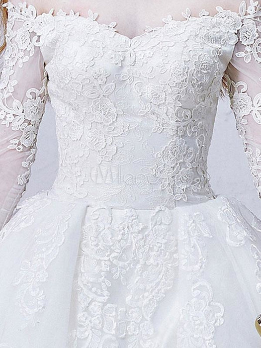 Lace Wedding Dress Princess Bridal Dress White Off The Shoulder Applique Illusion Heart Back Design Luxury Bridal Gown With Cathedral Train