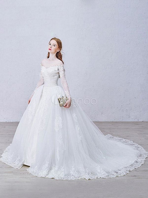 Lace Wedding Dress Princess Bridal Dress White Off The Shoulder Applique Illusion Heart Back Design Luxury Bridal Gown With Cathedral Train