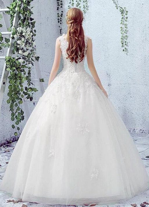 Lace Wedding Dress Scoop Neck Sleeveless Satin Net Lace Up Bridal Dress With Beads