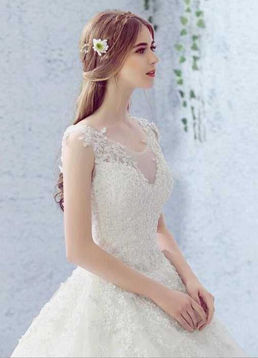 Lace Wedding Dress Scoop Neck Sleeveless Satin Net Lace Up Bridal Dress With Beads