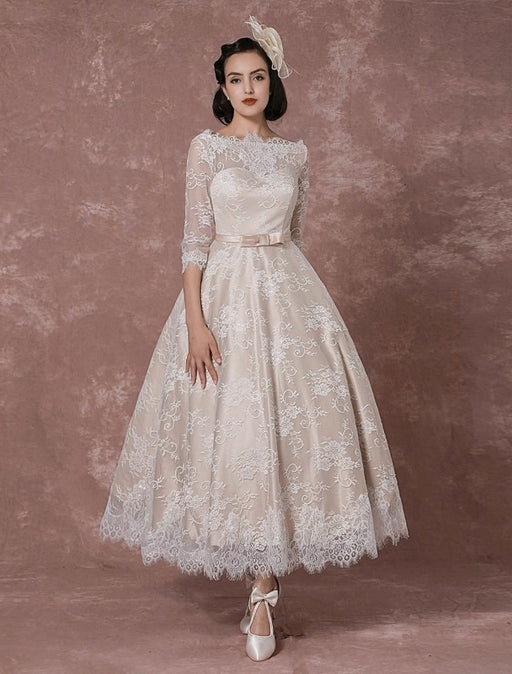 Lace Wedding Dress Vintage Bateau Champagne Half Sleeves Bridal Gown A line Backless Tea length Sash Reception Bridal Dress misshow
