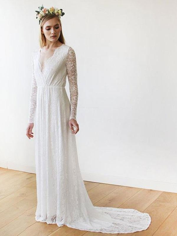 Lace Wedding Dress With Train A-Line Long Sleeves V-Neck Ivory Bridal Gowns