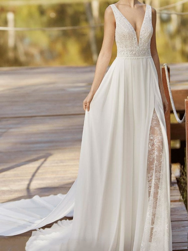 Lace Wedding Dress With Train A-Line Sleeveless Chiffon Illusion Neckline Long Bridal Gowns