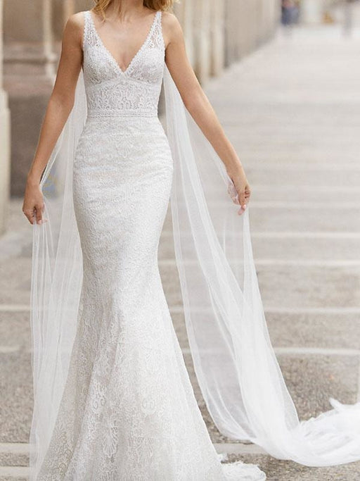 Lace Wedding Dress With Train Mermaid Sleeveless Lace Tulle V-Neck Bridal Gowns