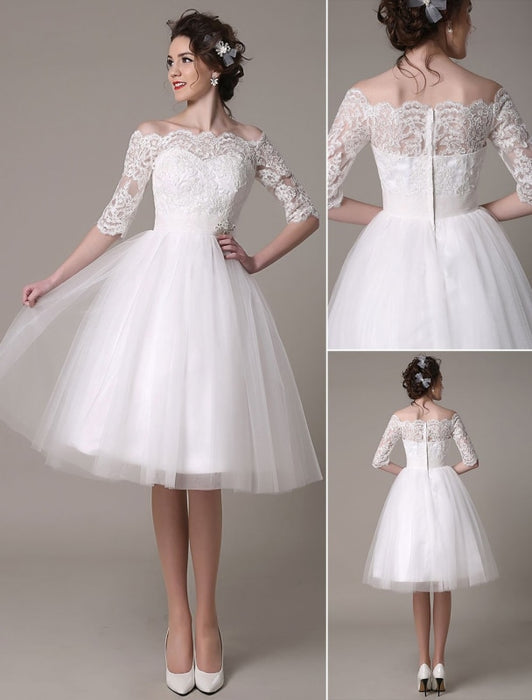 Lace Wedding Dresses 2021  short off the shoulder A Line Knee Length Waist Rhinestone Bridal Dress misshow