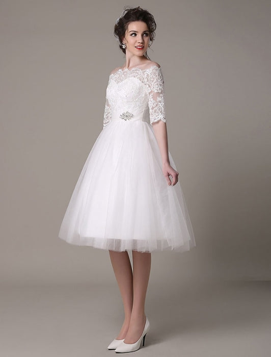 Lace Wedding Dresses 2021  short off the shoulder A Line Knee Length Waist Rhinestone Bridal Dress misshow