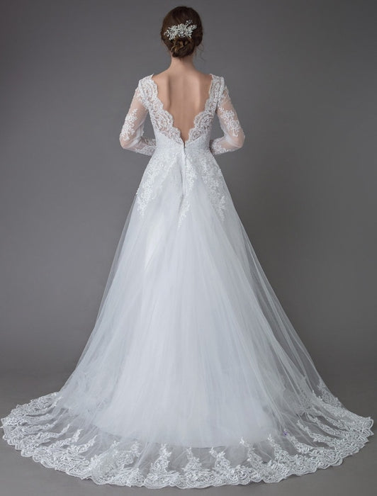 Lace Wedding Dresses Ball Gown V Neck Long Sleeve Backless Princess Bridal Dress