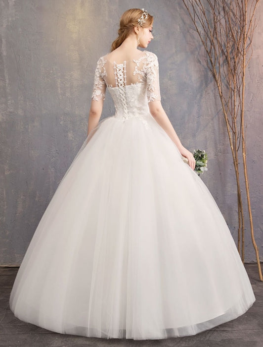 Lace Wedding Dresses Ivory Illusion Neckline Half Sleeve Floor Length Princess Wedding Dress
