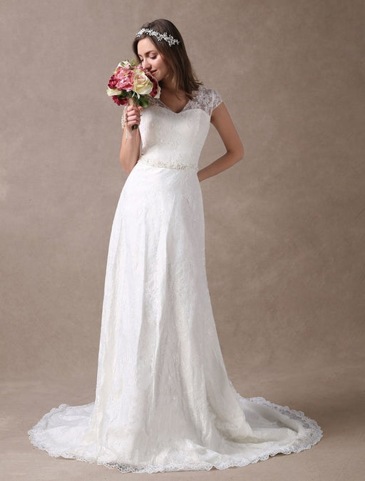 Lace Wedding Dresses Ivory V Neck Chiffon Beading Sash Cap Sleeve Bridal Dress With Train