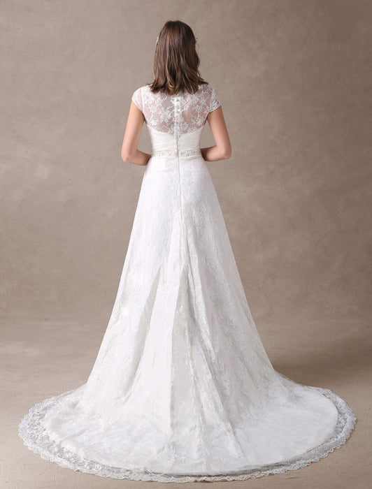 Lace Wedding Dresses Ivory V Neck Chiffon Beading Sash Cap Sleeve Bridal Dress With Train
