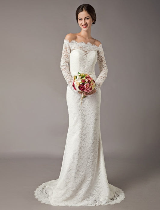 Lace Wedding Dresses Off The Shoulder Long Sleeve Beaded Sash Bridal Gowns With Train