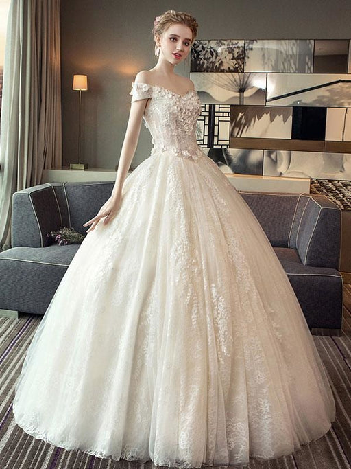 Lace Wedding Dresses Princess Ball Gown Bridal Dress Off The Shoulder Ivory Flowers Applique Floor Length Wedding Gown