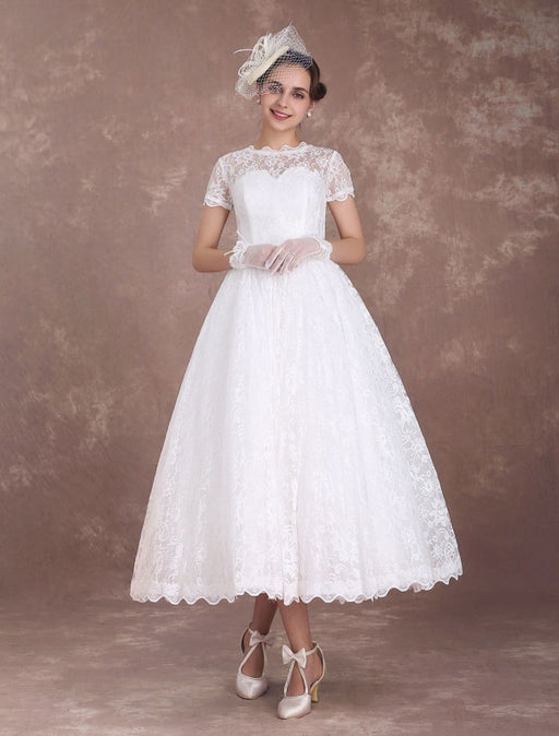 Lace Wedding Dresses Short Sleeve 1950's Vintage Bridal Dress Sweetheart Illusion Ivory A Line Tea Length Wedding Reception Dress misshow