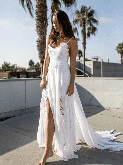 White Lace Boho Wedding Dress | Bohemian Bridal Gown Split - Bridelily White Lace Boho Wedding Dress | Bohemian Bridal Gown Split - Bridelily