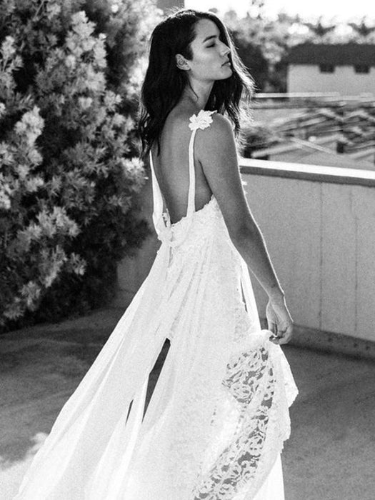 White Lace Boho Wedding Dress | Bohemian Bridal Gown Split - Bridelily White Lace Boho Wedding Dress | Bohemian Bridal Gown Split - Bridelily
