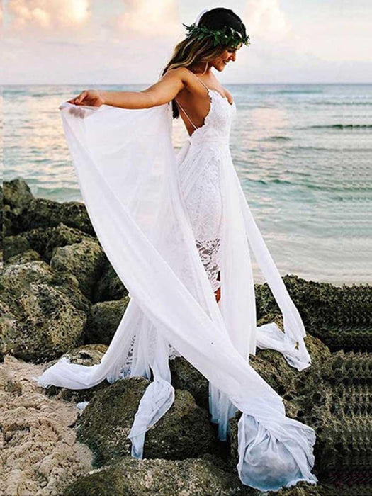 White Lace Boho Wedding Dress | Bohemian Bridal Gown Split - Bridelily White Lace Boho Wedding Dress | Bohemian Bridal Gown Split - Bridelily