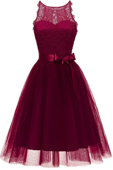 Lace Women Lovely Bowknot Midi Pink Dress - burgundy dress / S - lace dresses
