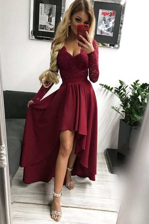 Latest Awesome Elegant High Low Long Sleeves V Neck Prom Burgundy A Line Graduation Dress with Lace - Prom Dresses