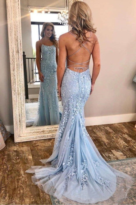 Latest Excellent Sleek Red Spaghetti Strap Mermaid Prom Dresses with Lace Appliques Backless Formal Dress - Prom Dresses