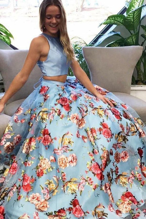 Latest Marvelous Two Piece Crew Open Back Sweep Train Light Blue Sleeveless Lace Prom Dress - Prom Dresses