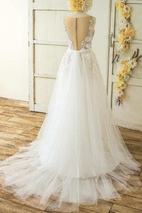 Latest V-neck Appliques Tulle A-line Wedding Dress - Wedding Dresses