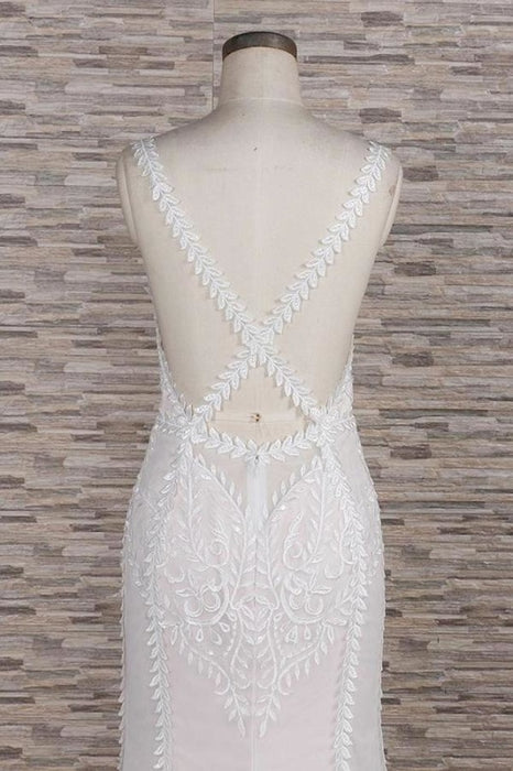 Latest V-neck Appliques Tulle Mermaid Wedding Dress - Wedding Dresses