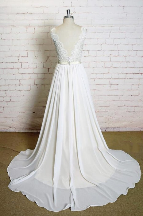 Latest V-neck Lace Chiffon A-line Wedding Dress - Wedding Dresses