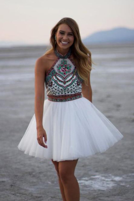 Latest Wonderful White A-line High Neck Two Piece Mini Tulle Homecoming Dress with Embroidery - Prom Dresses