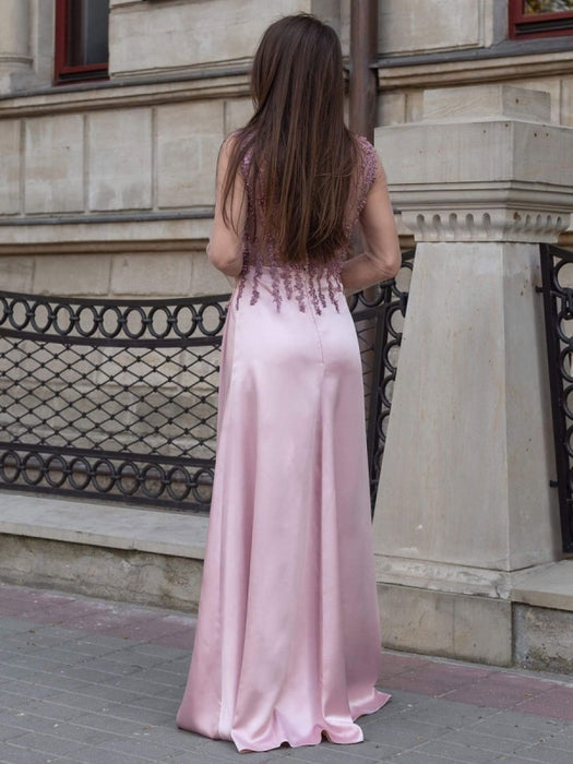 Lavender Evening Dress Sheath V-Neck Floor-Length Sleeveless Zipper Lace Elastic Silk Like Satin Formal Party Dresses Pageant Dress