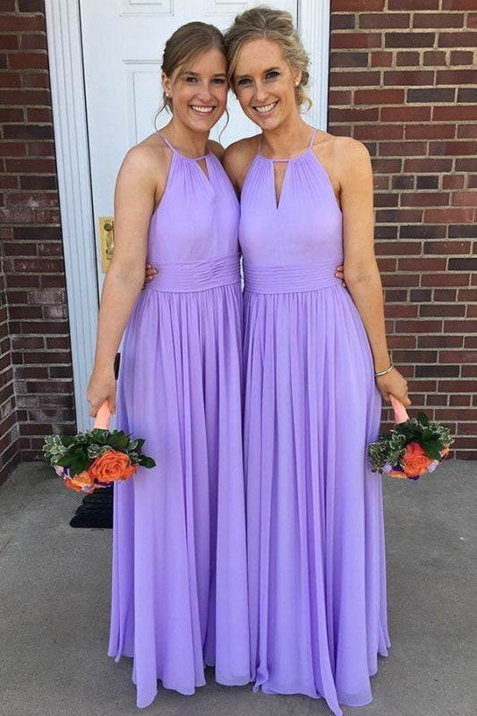 Lavender Halter Floor Length Chiffon Bridesmaid Cheap Long Wedding Guest Dress - Prom Dresses