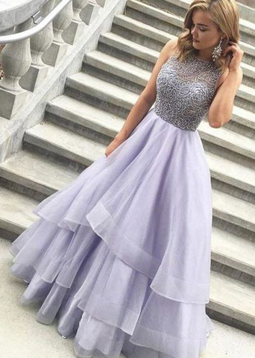 Lavender Sleeveless Scoop Tiered Tulle with Beads Prom Long Formal Dress - Prom Dresses