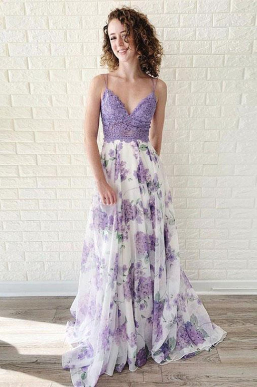 Lavender Spaghetti Straps V Neck Floral Chiffon Prom Dress with Lace - Prom Dresses