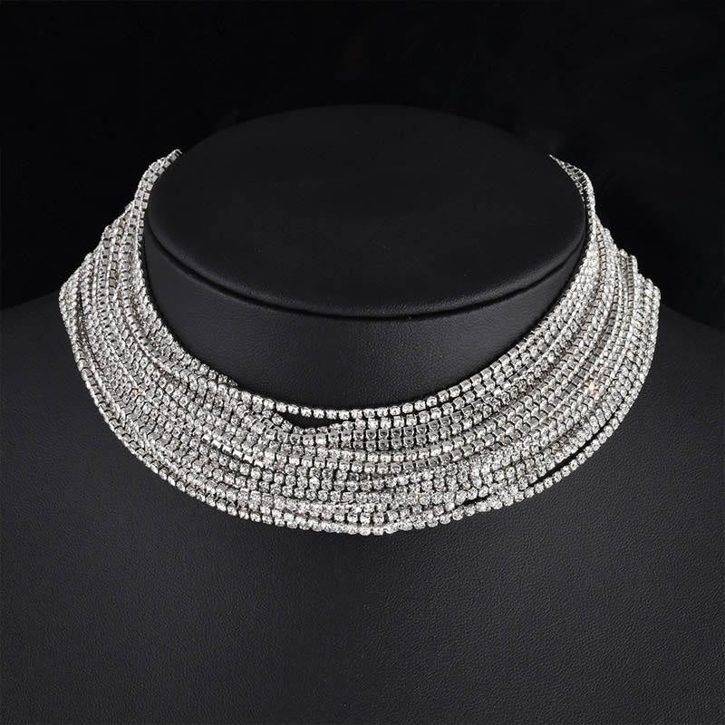 Layered Rhinestone Handmade Wedding Necklaces | Bridelily - Silver Plated - necklaces