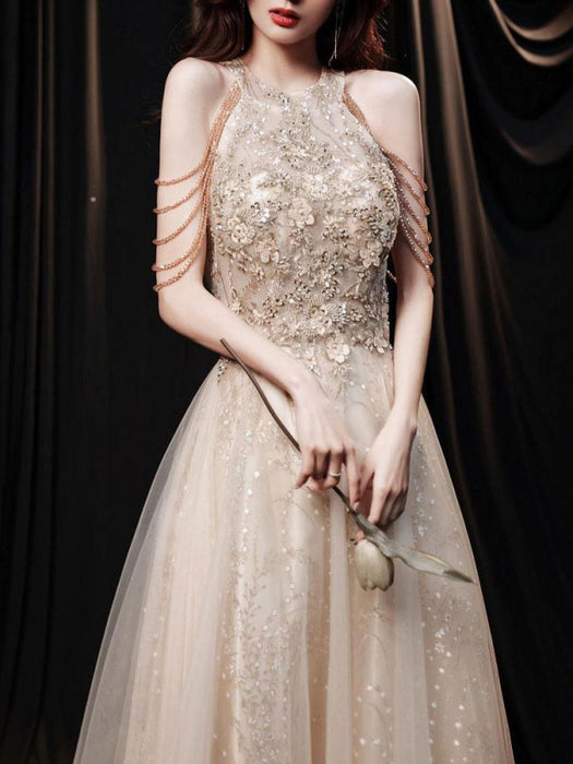 Light Blond Evening Dress A-Line Jewel Neck Sleeveless Lace-up Chains Sequined Floor Length Formal Party Dresses