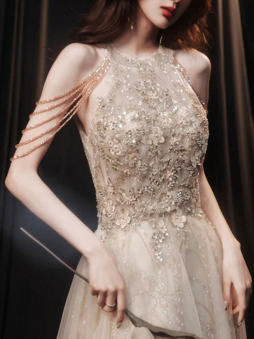 Light Blond Evening Dress A-Line Jewel Neck Sleeveless Lace-up Chains Sequined Floor Length Formal Party Dresses