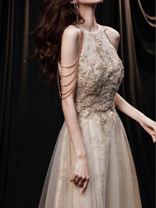 Light Blond Evening Dress A-Line Jewel Neck Sleeveless Lace-up Chains Sequined Floor Length Formal Party Dresses