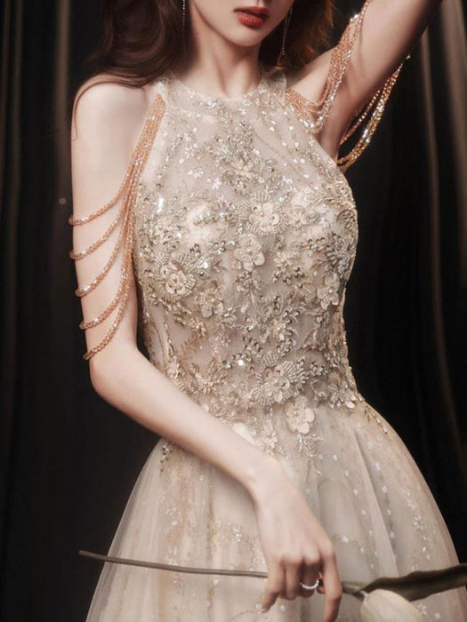 Light Blond Evening Dress A-Line Jewel Neck Sleeveless Lace-up Chains Sequined Floor Length Formal Party Dresses