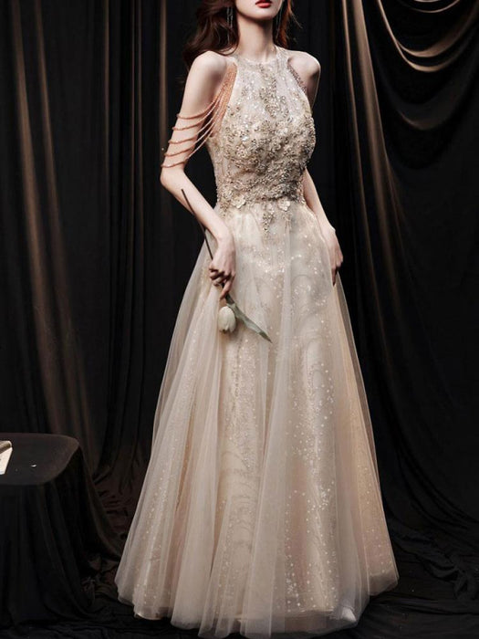 Light Blond Evening Dress A-Line Jewel Neck Sleeveless Lace-up Chains Sequined Floor Length Formal Party Dresses