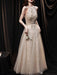 Light Blond Evening Dress A-Line Jewel Neck Sleeveless Lace-up Chains Sequined Floor Length Formal Party Dresses