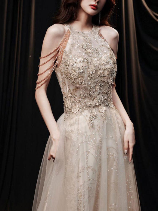 Light Blond Evening Dress A-Line Jewel Neck Sleeveless Lace-up Chains Sequined Floor Length Formal Party Dresses