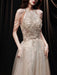Light Blond Evening Dress A-Line Jewel Neck Sleeveless Lace-up Chains Sequined Floor Length Formal Party Dresses