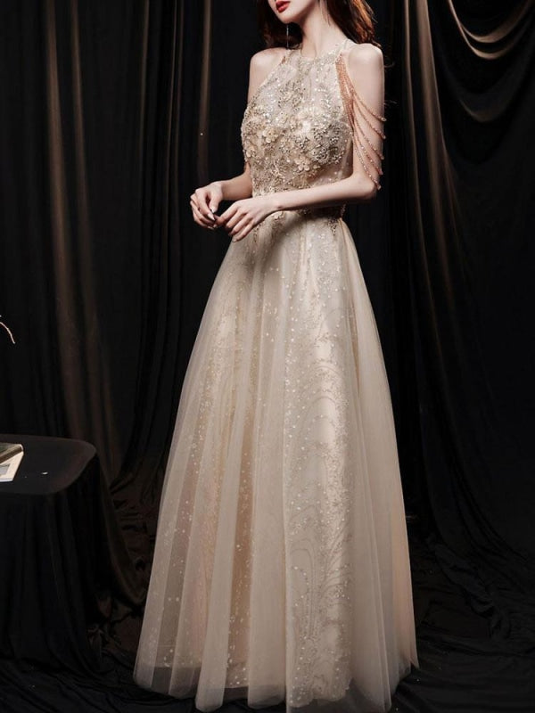Light Blond Evening Dress A-Line Jewel Neck Sleeveless Lace-up Chains Sequined Floor Length Formal Party Dresses