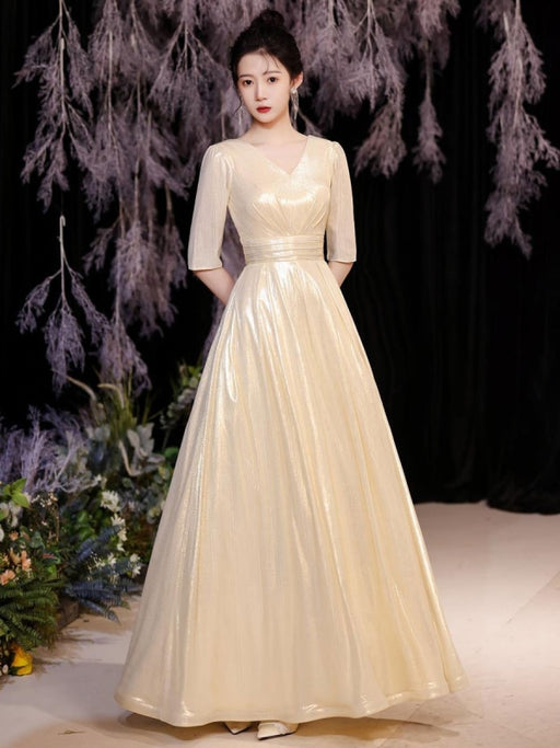 Light Blond Evening Dress A-Line V-Neck Half Sleeves Lace-up Sequined Floor-Length Formal Dinner Dresses