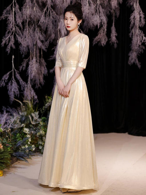 Light Blond Evening Dress A-Line V-Neck Half Sleeves Lace-up Sequined Floor-Length Formal Dinner Dresses