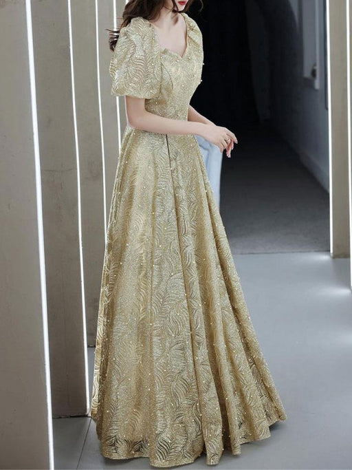 Light Blond Evening Dress A-Line V-Neck Half Sleeves Lace-up Sequined Floor-Length Formal Party Dresses