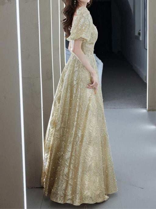 Light Blond Evening Dress A-Line V-Neck Half Sleeves Lace-up Sequined Floor-Length Formal Party Dresses